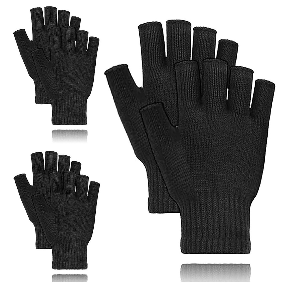 J-018?-Unisex Black Fingerless Knit Gloves Winter Warm Stretchy Mittens